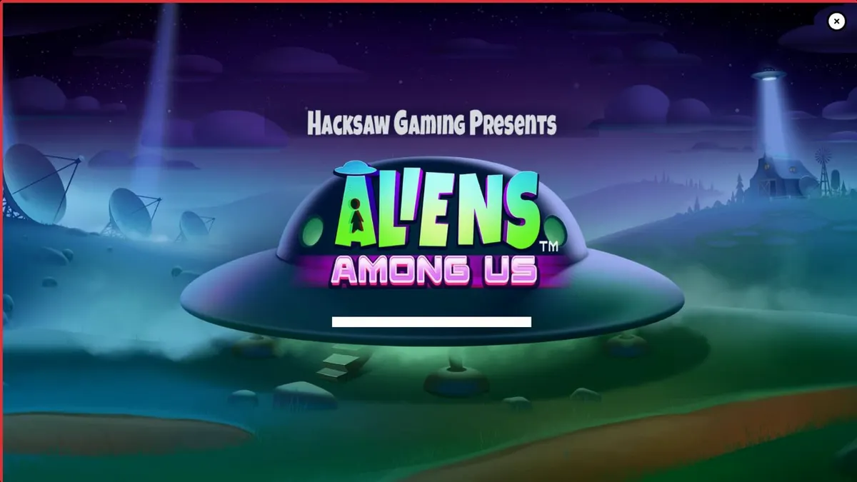 Tampilan visual slot Aliens Among Us dengan tema invasi alien dan agen FBI.