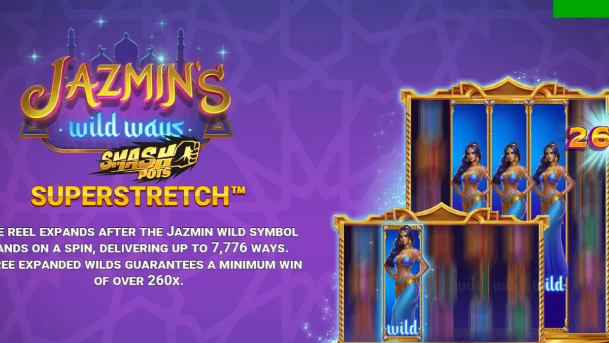 Tampilan visual slot Jazmin’s Wild Ways Smash Pots dengan nuansa Arabian yang mewah