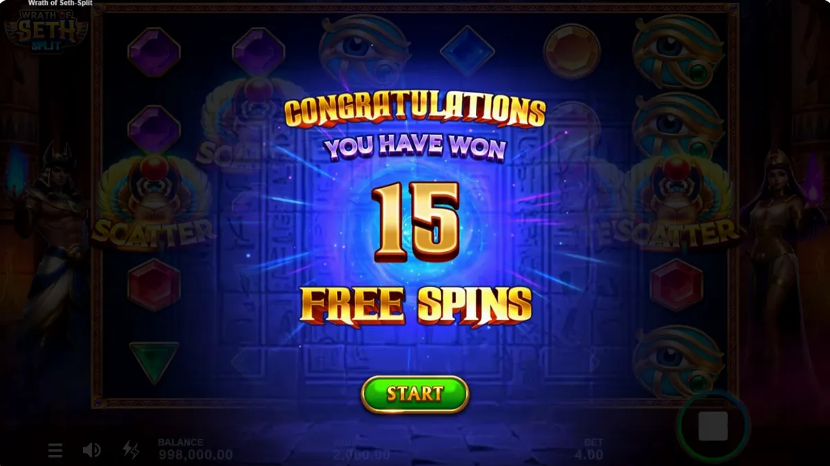 Wrath of Seth – Split slot game interface featuring Egyptian temple background