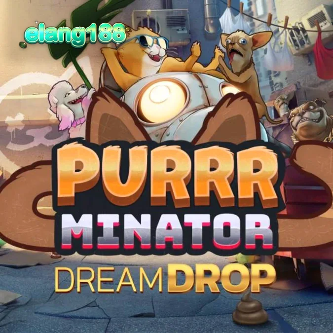Tampilan visual slot Purrrminator Dream Drop dengan latar belakang gang kota futuristik.